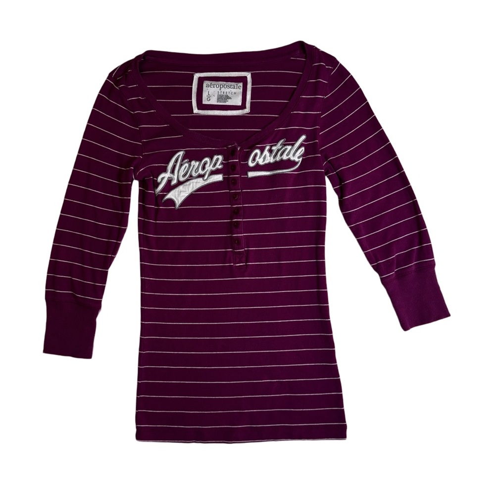 Aeropostale Burgundy Striped 3/4 Sleeve Shirt Size Large Henley Button Front - Picture 9 of 10